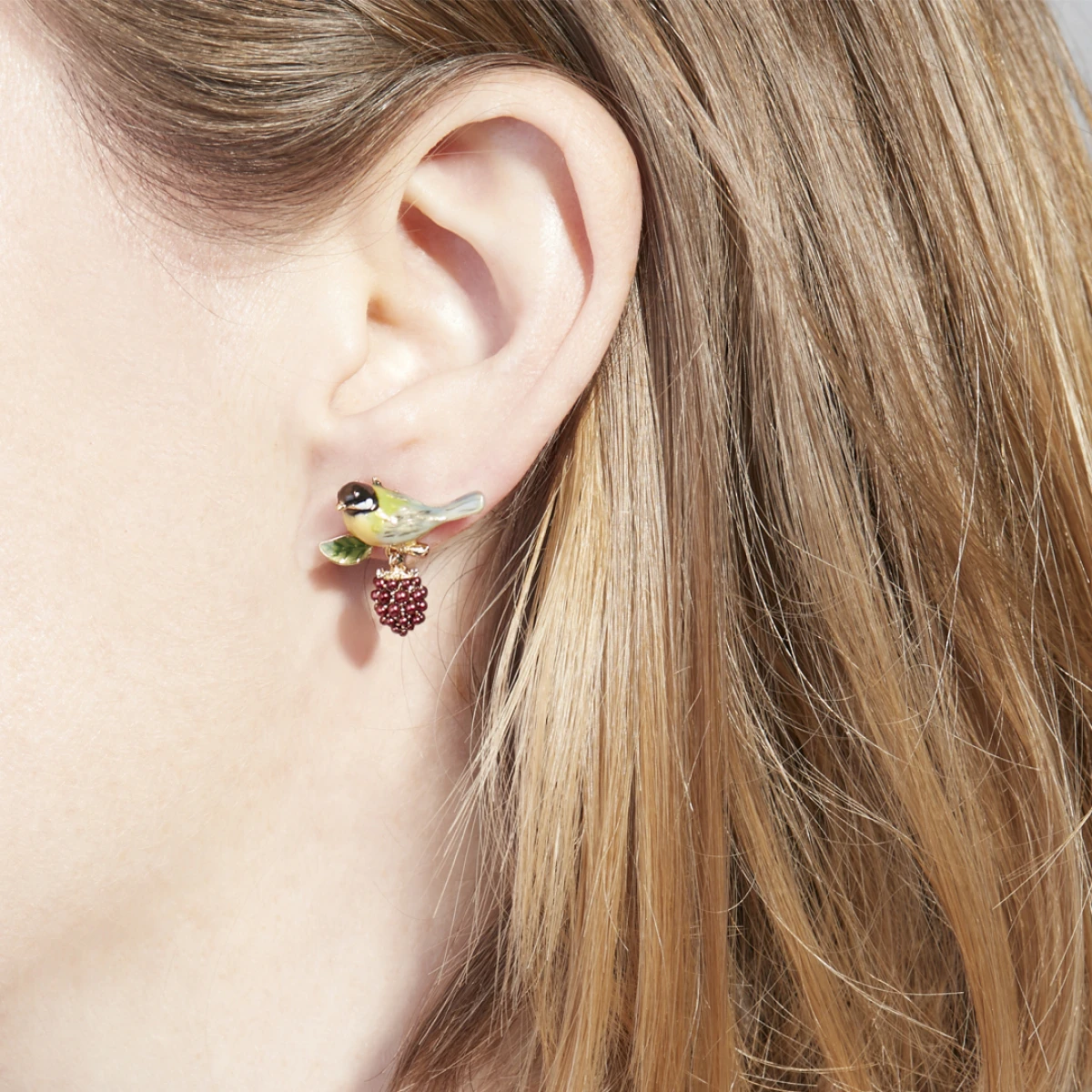 

Little 3D Birdie on Grape and Flower Earrings with Enamel Bird Ear Stud