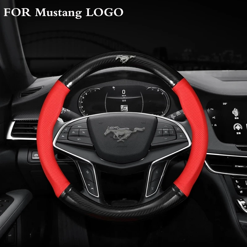 

Carbon Fiber Leather Breathable Non-Slip Teering Wheel Covers With Logo For Ford Mustang Universal Big Size Mustang Shelby GT