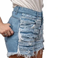 women streetwear high waist plus size light blue ripped cut out denim shorts with tassel hollow out sexy hole jean shorts female