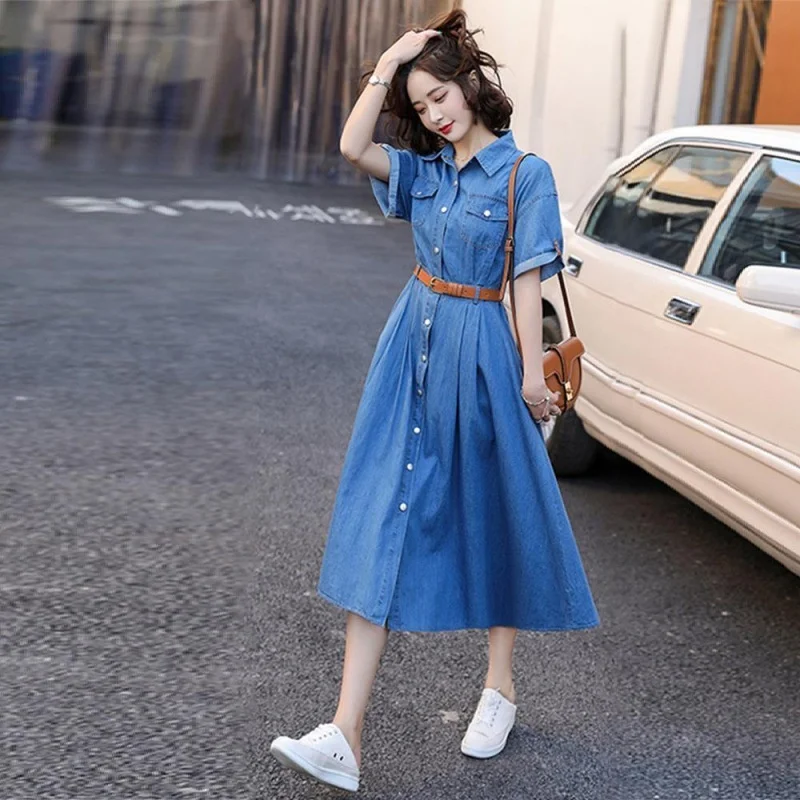 

Summer Denim Dress Women Korea Elegant Casual Single Breasted Short Sleeve High Waist Cowboy Dresses Mid-Length A-Line Vestido