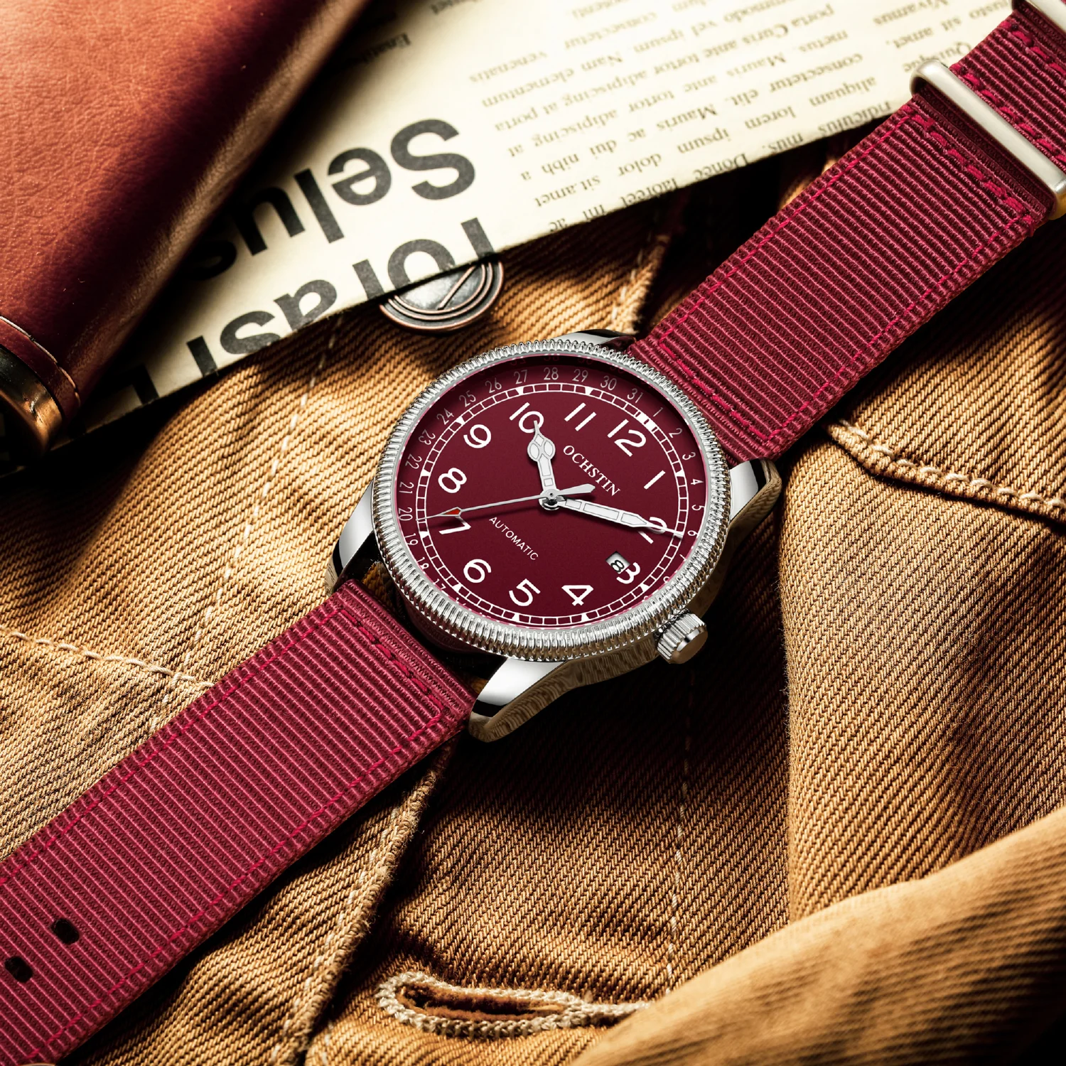 

OCHSTIN Men's Mechanic Watches Automatic Top Band Lurxy Man Mechanical Wristwatch Pilot Classic Luminous Retro Male Red Clock