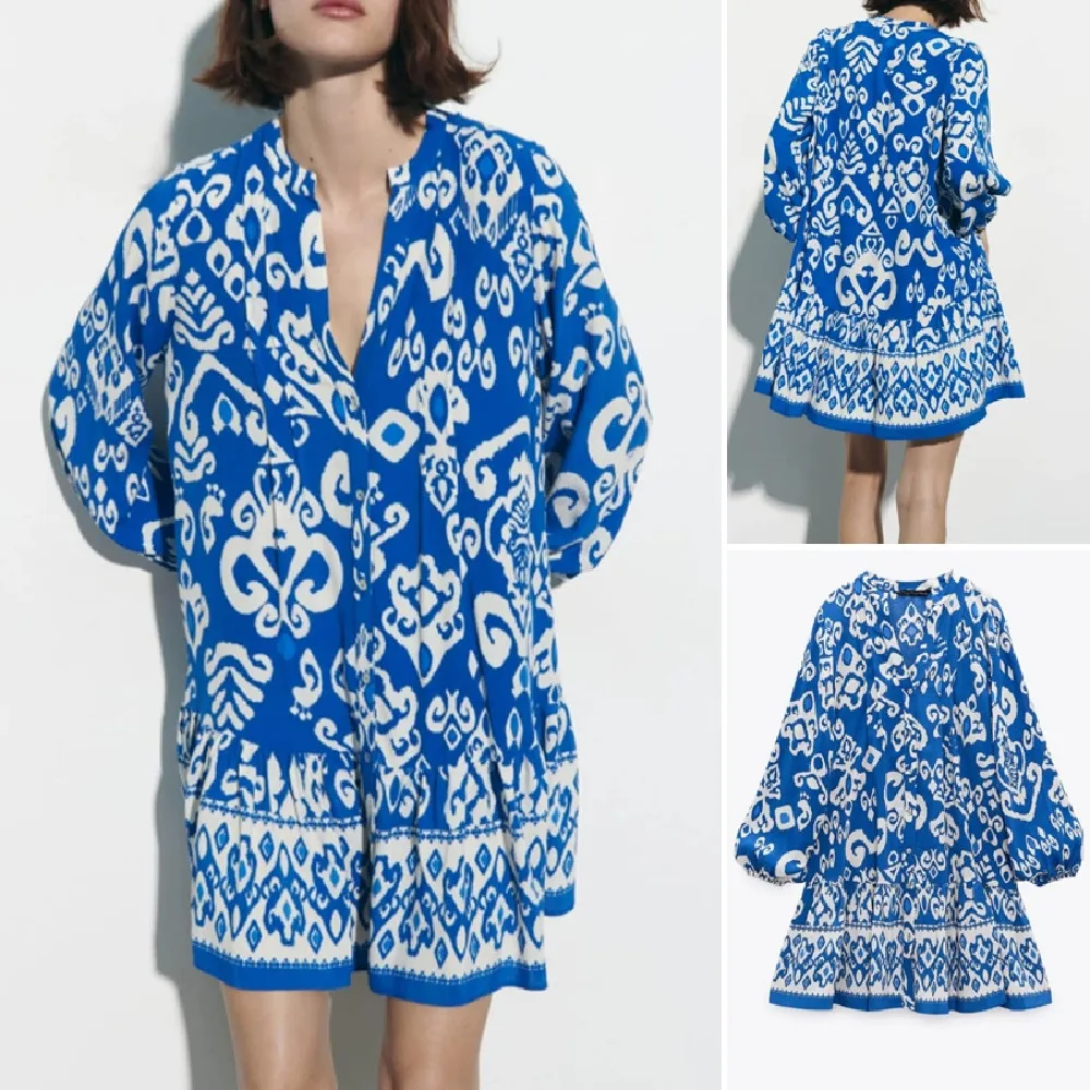 

COS LRIS 2023 summer fashion new holiday style print mini temperament dress round neck long sleeves frilly decoration 9878142