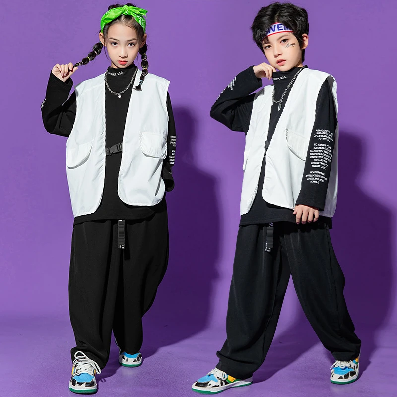 

2023 Boys Hip Hop Dance Costume White Vest Loose Casual Pants Girls Modern Jazz Performance Clothes Rave Concert Kid Wear BL9889