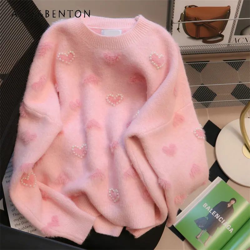 

Women's Pink Vintage Pearl Love Sweater Spring and Autumn Thin Loose Gentle Fashion Design Niche Sweater Pullover for Ladies