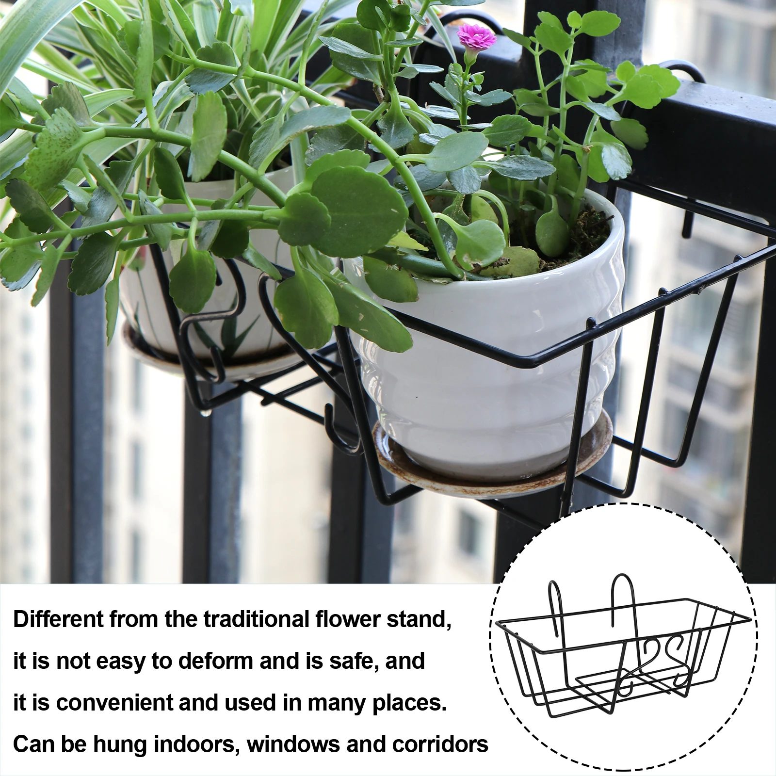 

1Pc Iron Hanging Shelf Basket with Hooks,Balcony Planter Shelf Hanging Flower Pot Sqaure Railing Fence Planter Holder