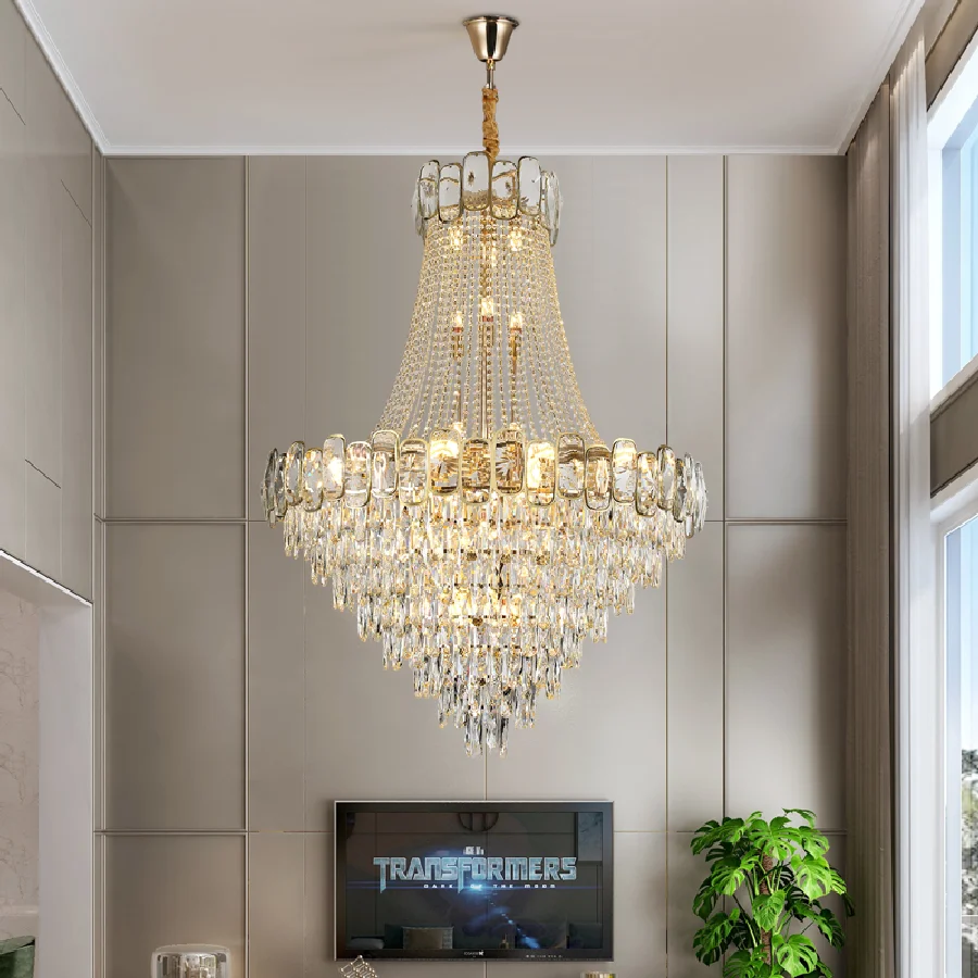 

Duplex building crystal chandelier luxury modern villa living room hollow staircase decorated chandelier hall long chandelier