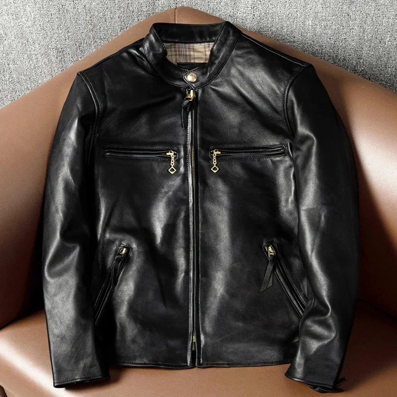 

YR!Free shipping.Wholesales black slim fit Classic rider style real leather coat.J100 soft sheepskin jacket.Men fashion cloth