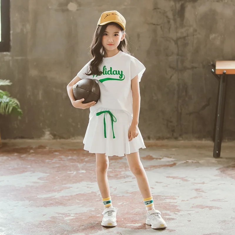 2022 summer Children teenager tracksuit Clothing Sets baby Girl Clothes Cotton T Shirt + Skirt Pants plus Size 6 8 9 10 12 Year