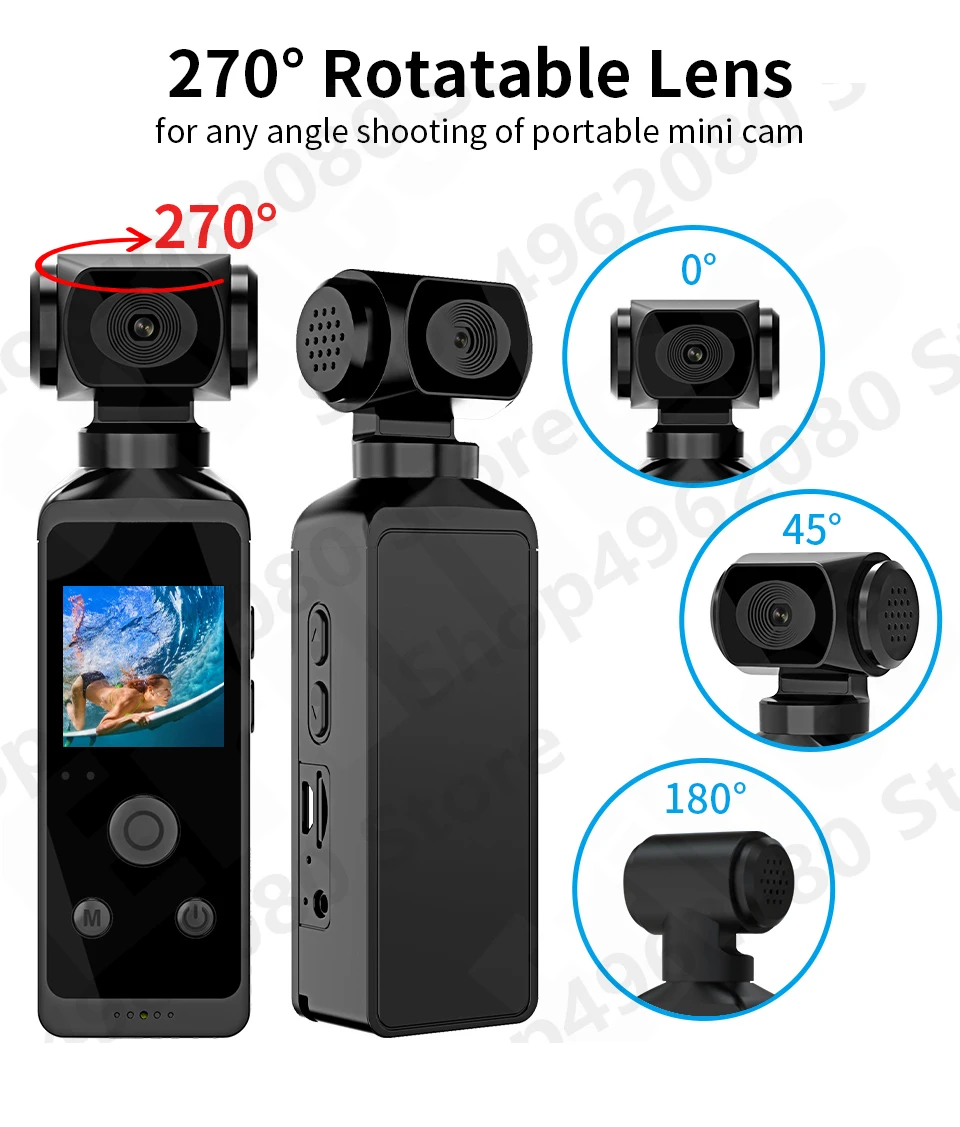 

4K HD карманная Экшн-камера с углом поворота 270 °, миниатюрная Спортивная Wi-Fi камера с водонепроницаемой фотографией, для шлема, путешествий, велосипеда, водителя