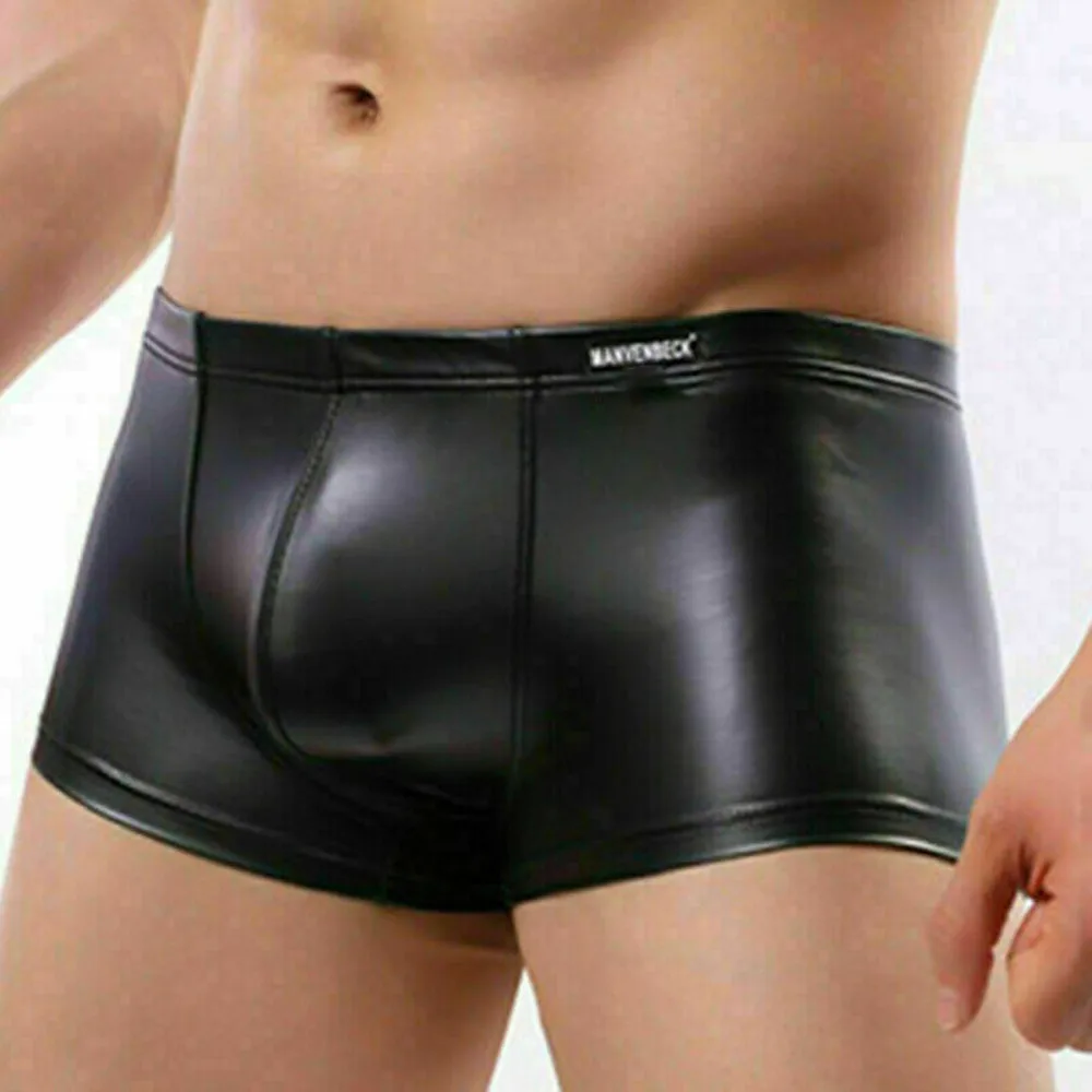 

Fashion Men PU Leather Shorts U Convex Pouch Underwear Boxer Briefs Trunks Sexy Bandage Metal Boxershorts Mens Boxer