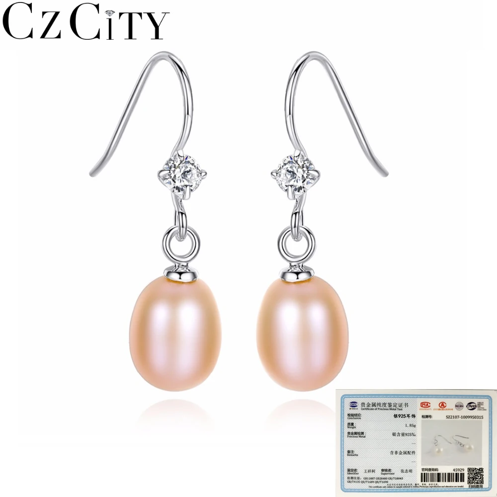 CZCITY 925 Silver Parts Rhodium Women 7-7.5mm Freshwater Pearl Earrings with Single CZ Stone Crystal Drop Earring for Girls Gift