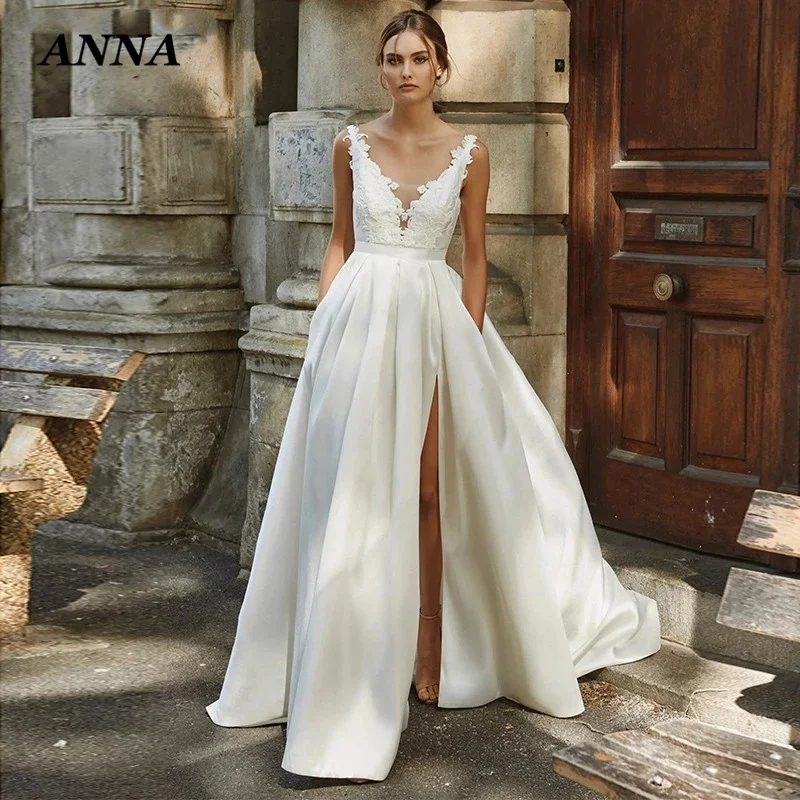 

Anna Beauty Bohemian V-Neckline A-Line Soft Satin Backless Bow Button Beach Wedding Dresses Sleeveless Long Robe De Mariage