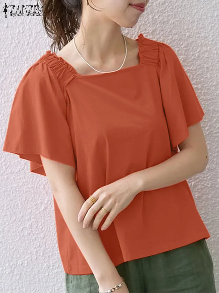 

Элегантные летние женские праздничные топы ZANZEA, повседневная женская Свободная рубашка, блузка, винтажная блузка с квадратным вырезом и коротким рукавом