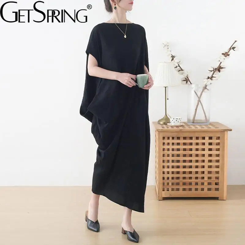 

Getspring Women Dress 2022 Fashion Batwing Sleeve Loose Long Black Dress Asymmetrical Irregular Casual Dress Spring Summer 2022