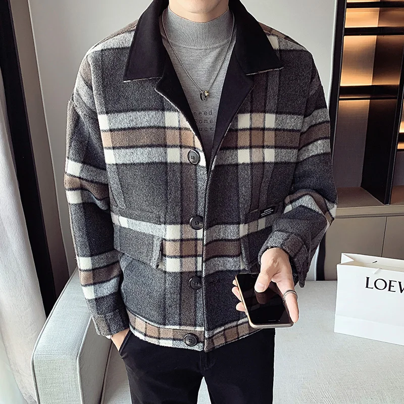 

Autumn and Winter Men's Coat Fashion Trend New Woolen Windbreaker Short Plaid Coat Europe and The United States Simple Men Wear