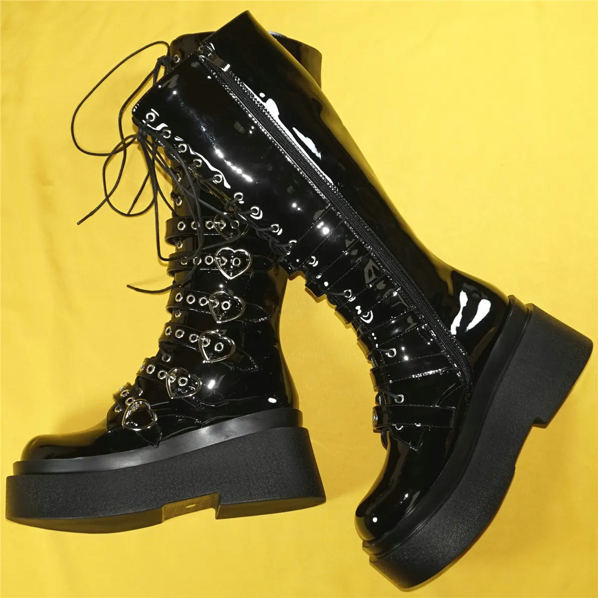 Platform Pumps Shoe Women Lace Up Patent Leather Wedges High Heel Knee High Boots Female Round Toe Fashion Sneakers Casual Shoes