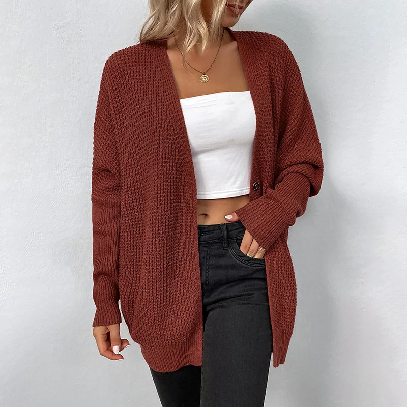 

2022 Autumn Women Sweaters Solid Color Open Stitch Bat Wing Sleeve Vintage Casual Loose Knitting Winter Female Cardigan C4294