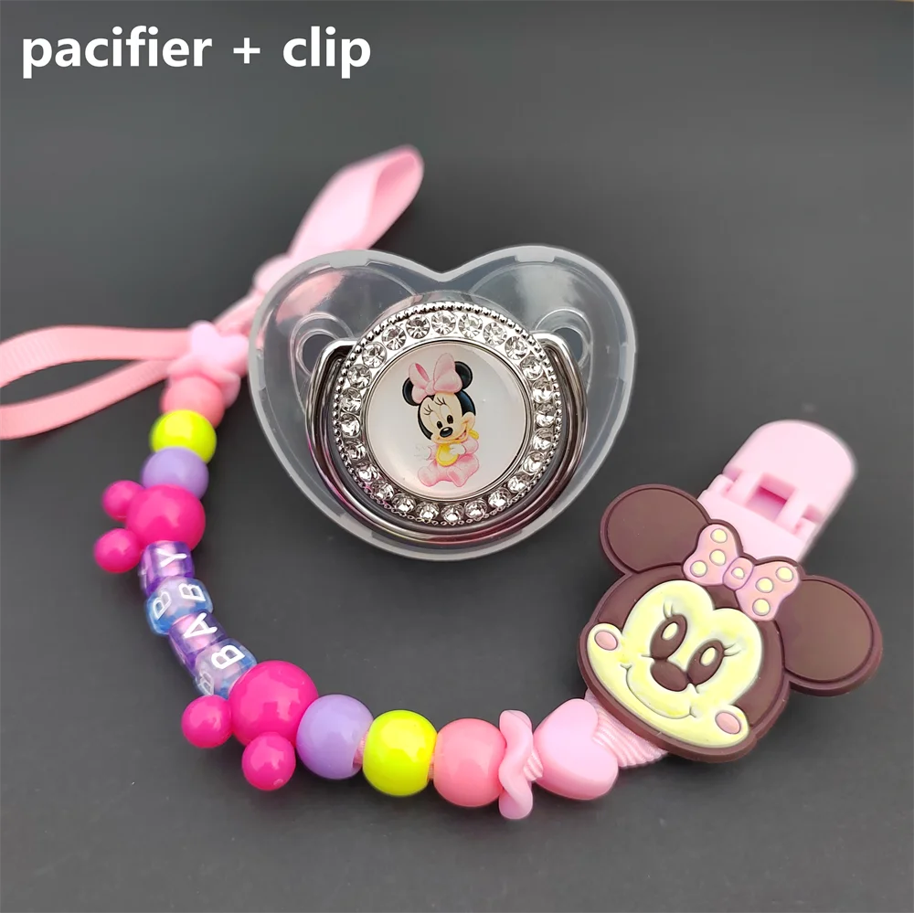 

Newborn Stuff Feeding Soothing Infant Food Grade Silicone Tetine Nipple with Pink Minnie Mouse Button Chain Kids Christmas Gift