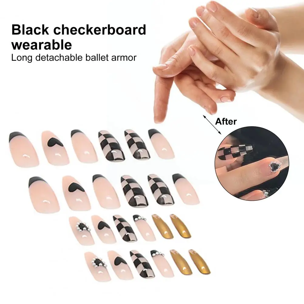 Черные шахматные накладные ногти с полным покрытием 24 шт. новинка 2021 прозрачные