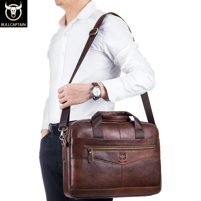 BULLCAPTAIN New Cowhide Men's Business Briefcase/Leather Retro Men's Messenger Bag/Large Capacity Leisure Business Bag/Handbag