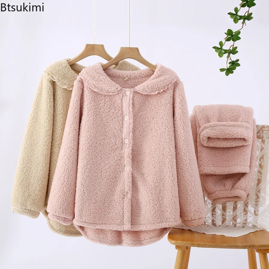 

2023 Women's Thick Warm Flannel Pajama Sets for Autumn Winter Simple Leisure 2PCS Tops and Pants Sets Sleepwear Female Homewear