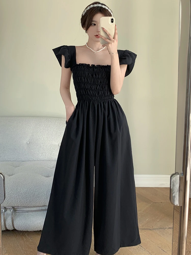 

Женский комбинезон с открытой спиной, элегантный черный повседневный комбинезон с широкими штанинами и высокой талией, лето 2023