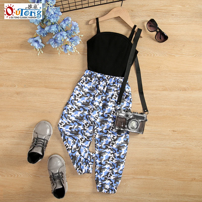 

Outong 2022 New Children's Girl Cothes Cotton Spaghetti Strap Shirt Camouflage Trouser Pants Outfit Kids Suit Children Clothing