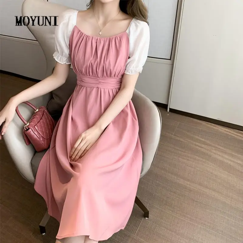 

Slim New French Summer Fairy Mesh Short Sleeve Square Chiffon Dress Women Contrast Patchwork Ruched Vestidos Mujer Fake Gentle
