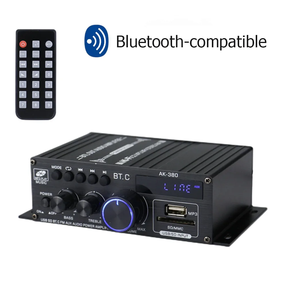 

AK380/370/170 Bluetooth-совместимый усилитель, 2-канальный усилитель домашнего кинотеатра, Hi-Fi бас музыкальный плеер, AUX караоке для дома и автомобиля