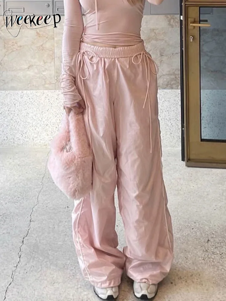 

Розовые брюки-карго со шнуровкой, уличная одежда Y2k с высокой талией, мешковатые спортивные брюки с полосками по бокам, женские прямые повседневные брюки в Корейском стиле