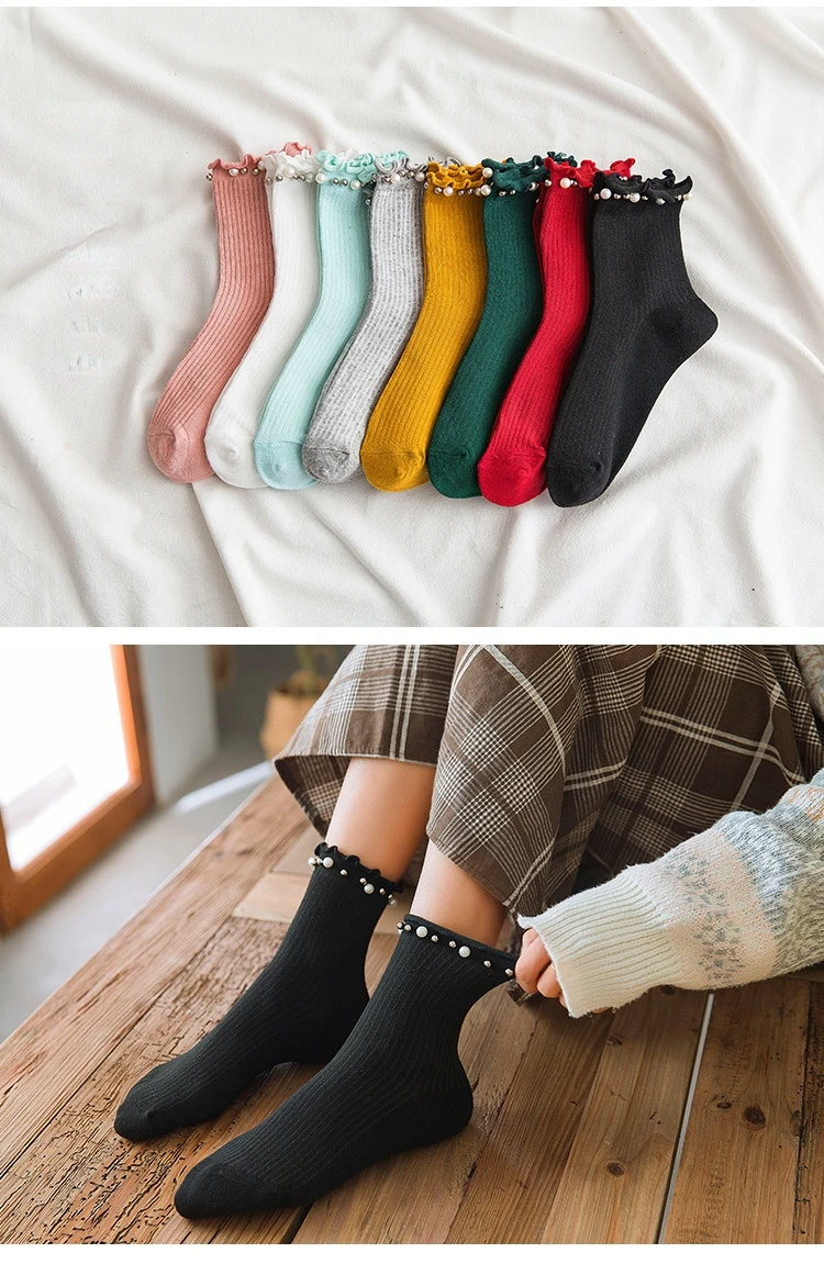 

Spring and summer new women's socks fungus lace pearl socks fashion vertical strips in the barrel nail beads cotton socks