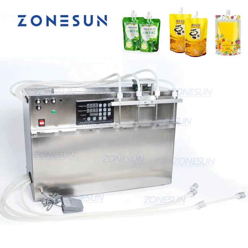 

ZONESUN Liquid Filling Machine 4 Heads Diaphragm Pump Electric Preformed Stand-up Spout Pouch Juice Soy Milk Water Bag