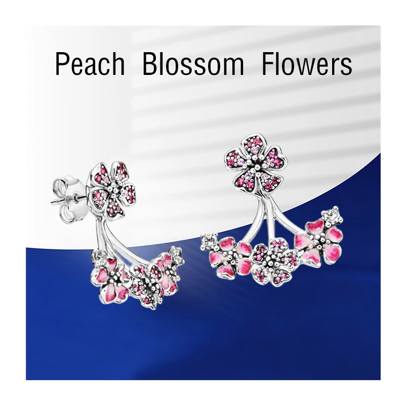 

Silver 925 Original Ear Piercing Stud Earrings For Women Jewelry Peach Blossom Flowers Detachable Pronged Jacket Crystals Enamel