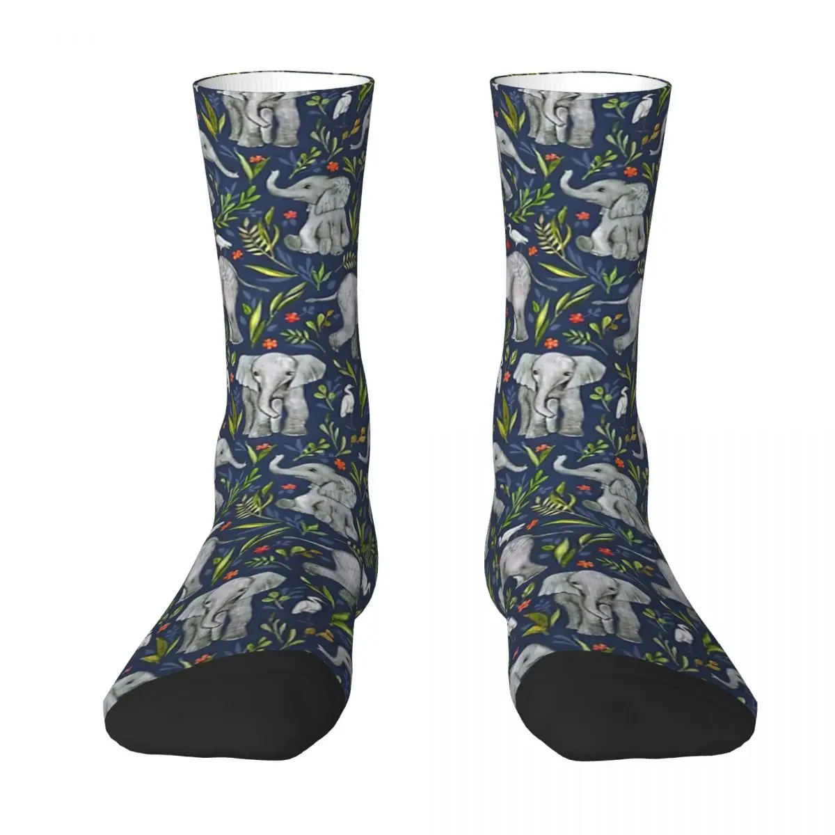 Baby Elephants And Egrets In Watercolor - Navy Blue Adult Socks,Unisex socks,men Socks women Socks