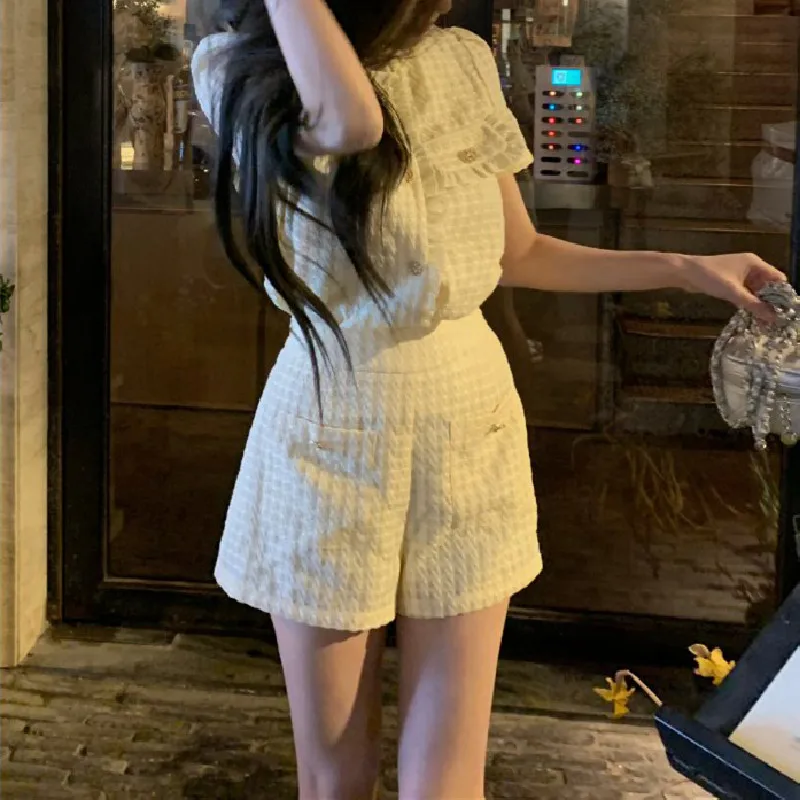 

Korean Fashion Vintage Two Piece Set for Women 2023 Short Sleeve Shirt Blouses + High Waist Short Pants Sets Summer Outfits