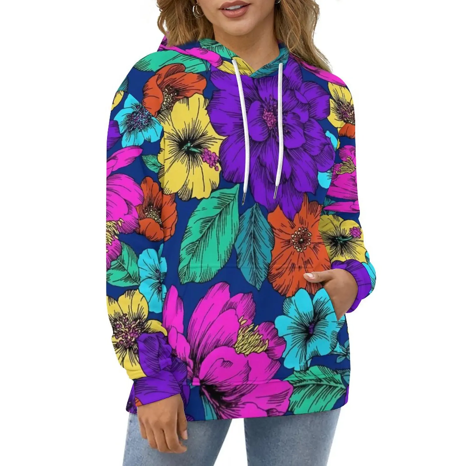 

Colorful Flower Casual Hoodies Hibiscis Print Kawaii Custom Loose Hoodie Long Sleeve Streetwear Oversized Top Birthday Present