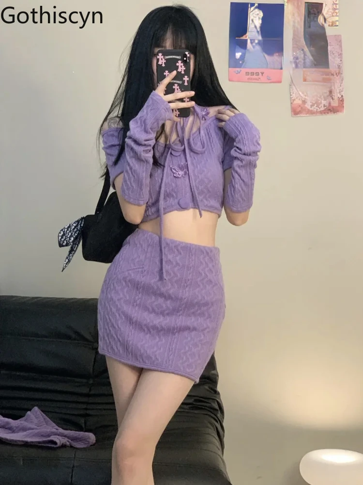 

Gothiscyn Hot Girl Suit Off-the-shoulder Short-sleeved Top Spring Summer New Pure Desire Bow Skirt Sexy Two-piece Set Hollow Out