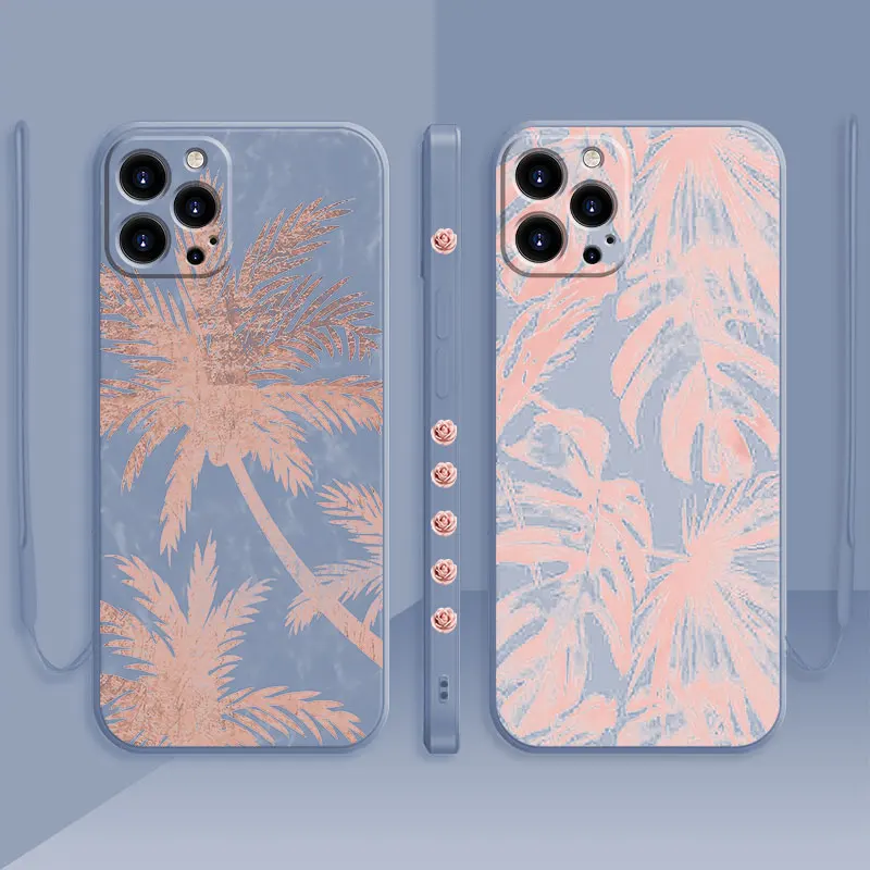 

Pink Coconut Palm Trees Square Liquid Phone Case For iPhone 11 12 13 Pro Max X XS Max XR 7 8 6 Plus Full Lens Protection Cover