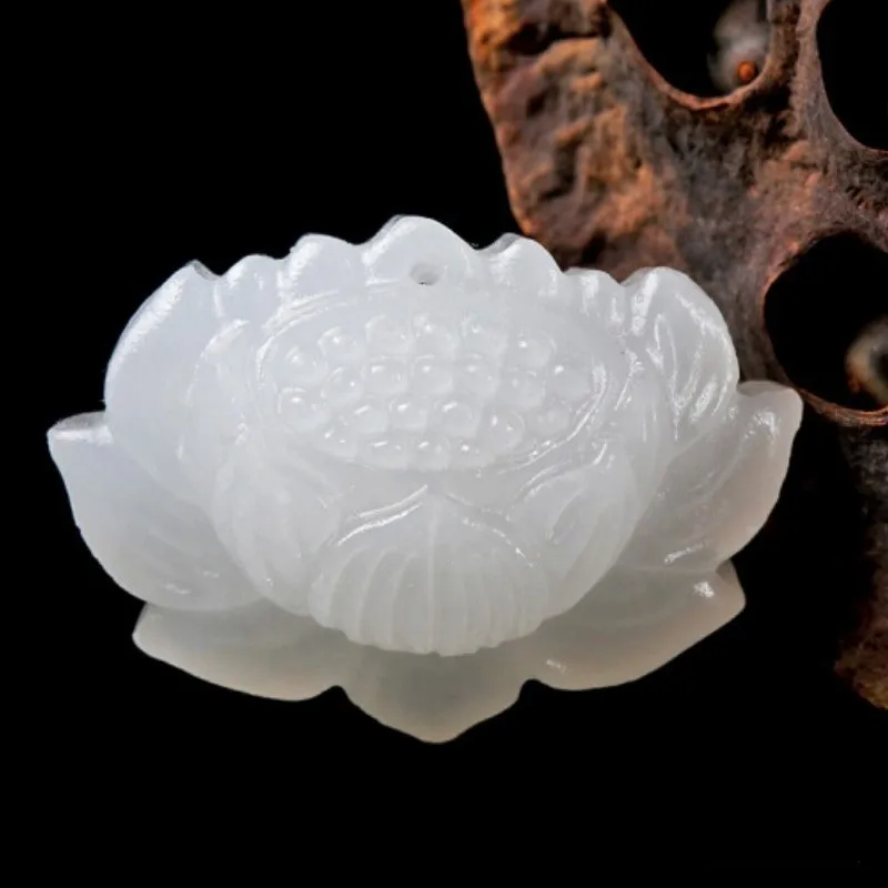 

Pure Natural Chinese White Jade Hand Carved Lotus Jade Pendant Fashion Jewelry Men and Women Lotus NecklaceAccessories Wholesale