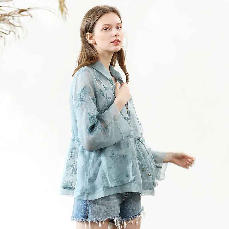 

Miccbeirn2019 Autumen 100 Silk Organza Cardigan Shirt Thin Embroidery Blouse Short Coat JHI11807
