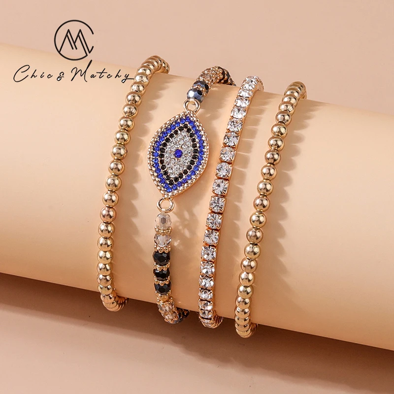 

Chic Matchy 4 Pieces Set Beaded Bracelets Evil Eye Gold Plated Bracelet Color Blue Crystal Stone Bangle Women Elastic Jewelry