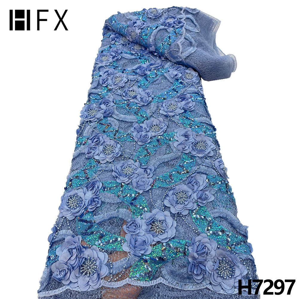 

HFX 3d flowers French beads African Lace Fabric 2022 High Quality Embroidery Sequins Nigerian Lace Fabric For bridal dress H7297