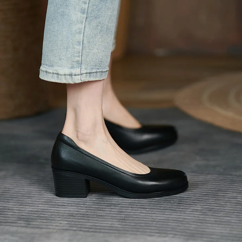 Black Thick Heel Round Head Single Shoes Stewardess Low Heel Thick Soled Professional Formal Leather Shoes Heels Women's