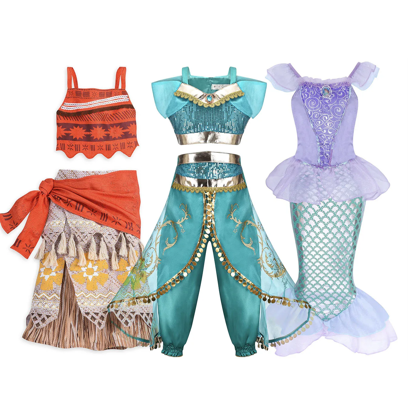 Children Aladdin Princess Jasmine Dress up Fairy Tale Little Mermaid Ariel Costume Girls Summer Party Festival Moana Outfit