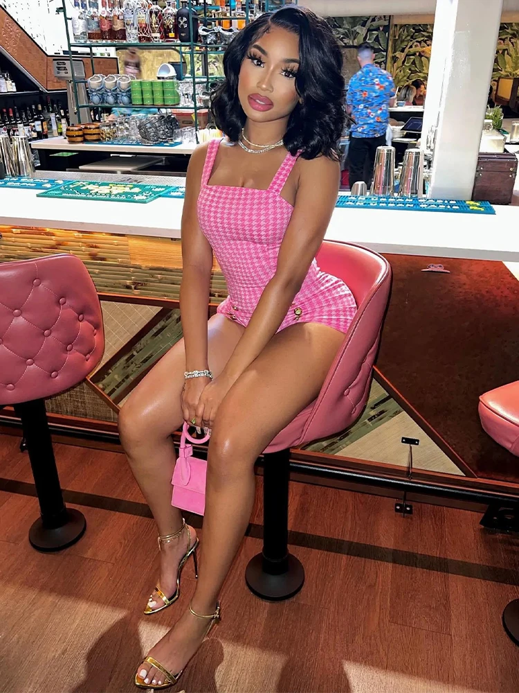 

White Pink Houndstooth Print Skinny Playsuit Girls Fashion Spaghetti Strap Slim Bodysuits Vintage Double Breasted Sheath Outfits