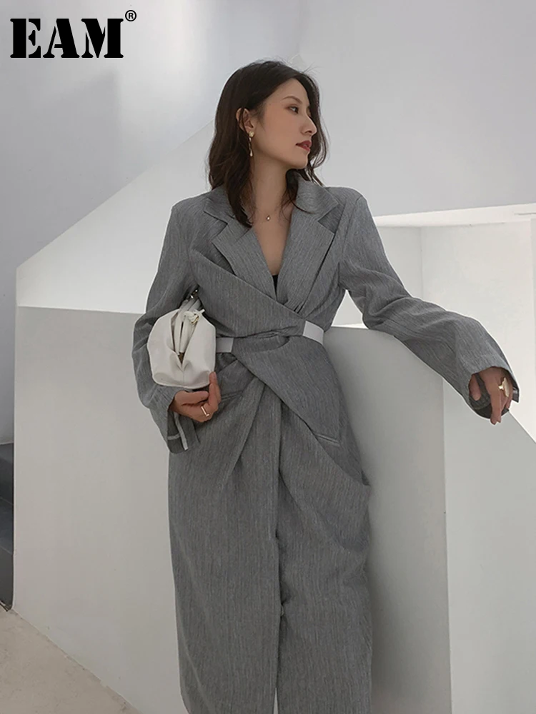 

[EAM] Women Gray Pleated Knot Long Elegant Dress New V-collar Long Sleeve Loose Fit Fashion Tide Spring Summer 2023 1W485