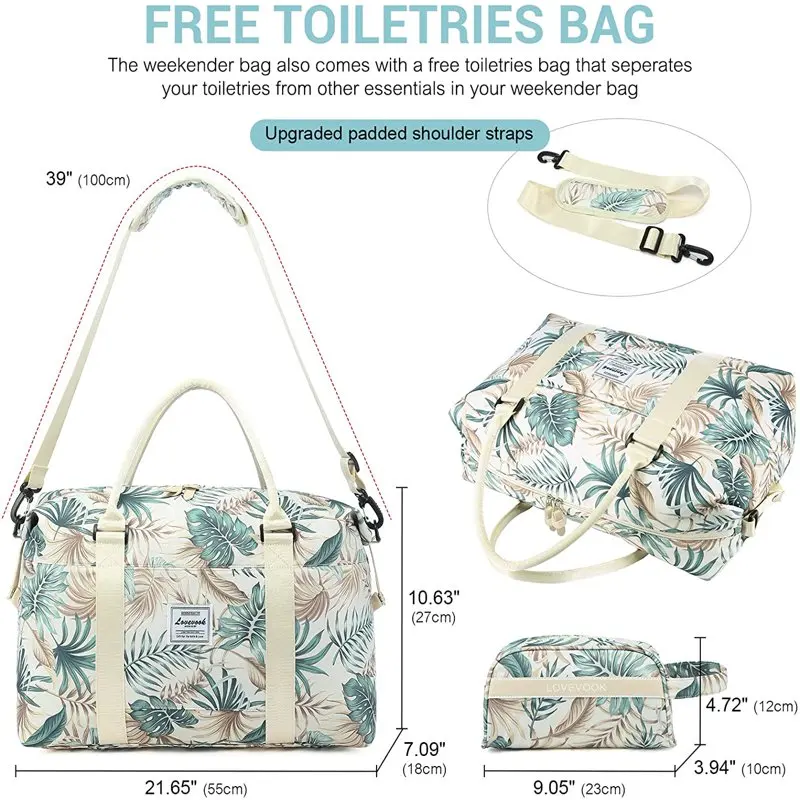 Weekender Bag for Women, Travel Tote Bag Gym Duffel Bag with Toiletry Bag, Carry On Bag Overnight Bag with Wet Pocket(White-Leaf