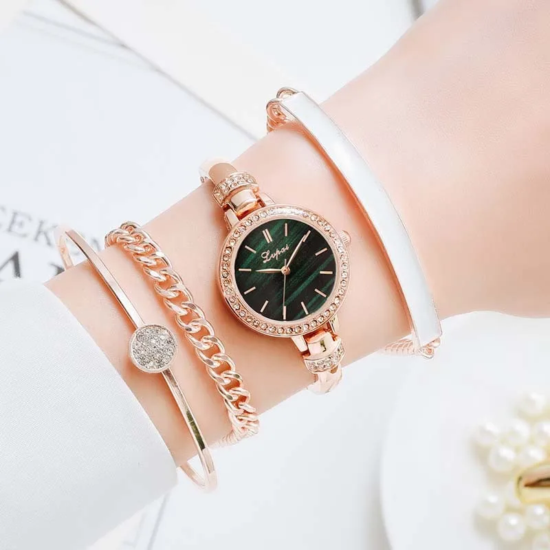 New Korean Edition Trendy Diamond Embedding Fashion Business Four Piece Set Women's Versatile Quartz Watch