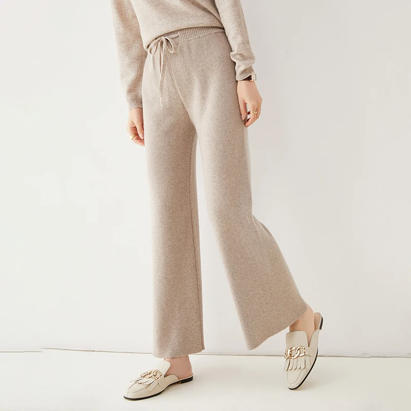 100% Pure Wool Knitted Wide-Leg Trousers Autumn/Winter Cashmere Women's Drawstring Elasticated Waist Delicate  Slim Trousers