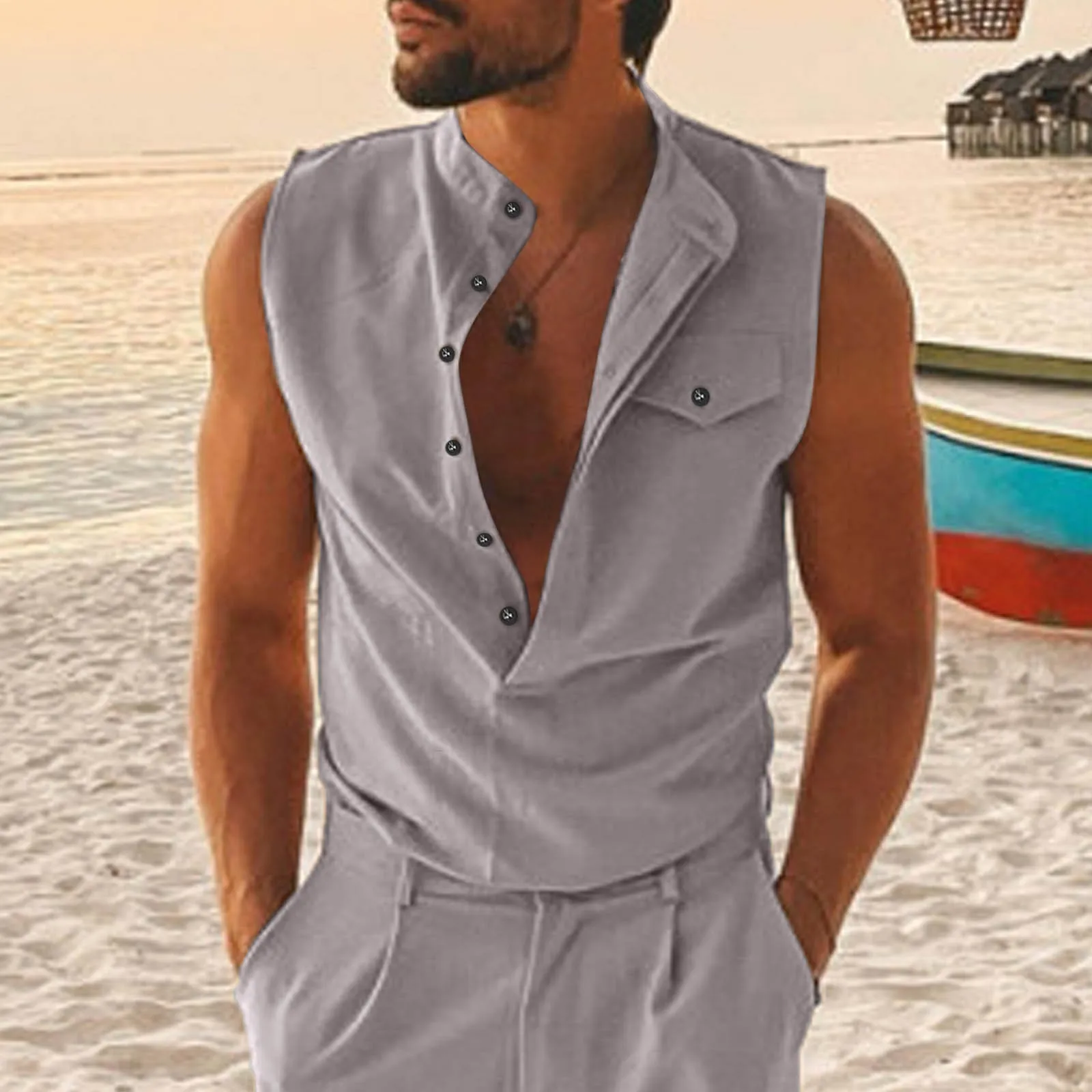 

Men Summer Casual Button Down Round Neck Solid Tank Top Shirt With Pocket Mens Tops Casual